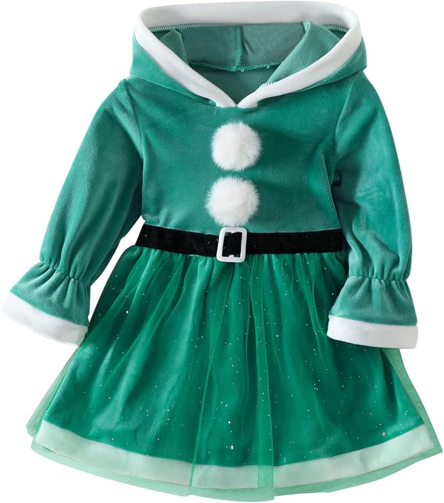 Toddler Girls Long Sleeve Christmas Hooded Fleece Tulle Princess Dress Girls Dress Long Sleeve