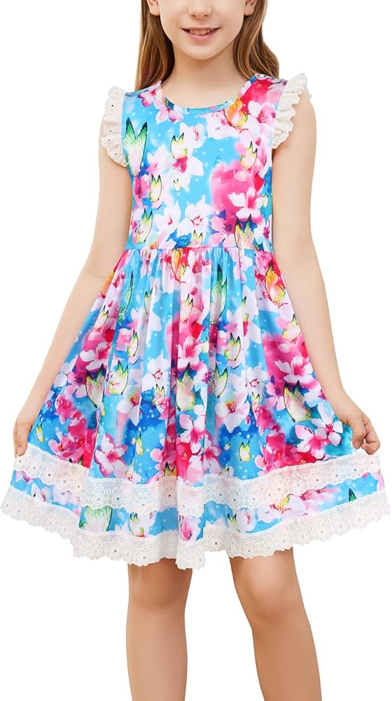 JESKIDS Girls Unicorn Tie Dye Dress Flutter Sleeve Casual Twirl Dresses Print Sundress 3-9T