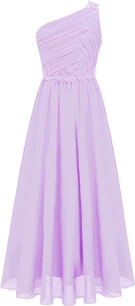 Sywiyi Girls One Shoulder Ruched Long Maxi Junior Bridesmaid Dress Flower Girls Dress Dance Prom Gown