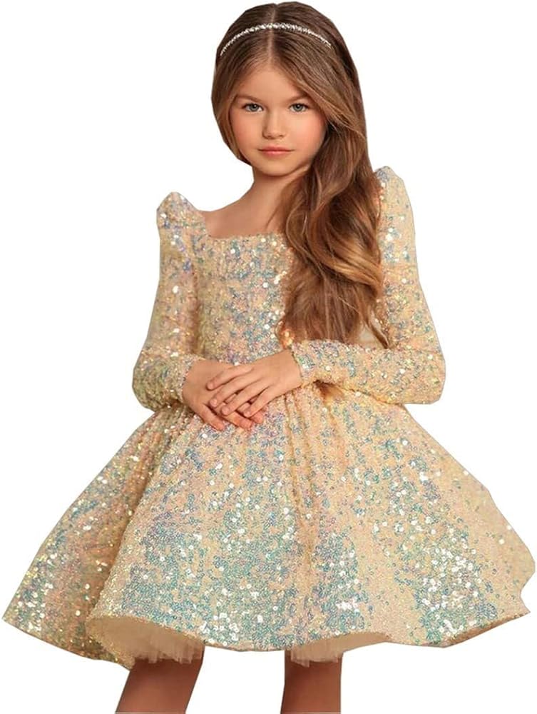 RYANTH Sequin Flower Girl Dress Long Sleeves Pageant Dress Short First Communion Dress with Bow Knot