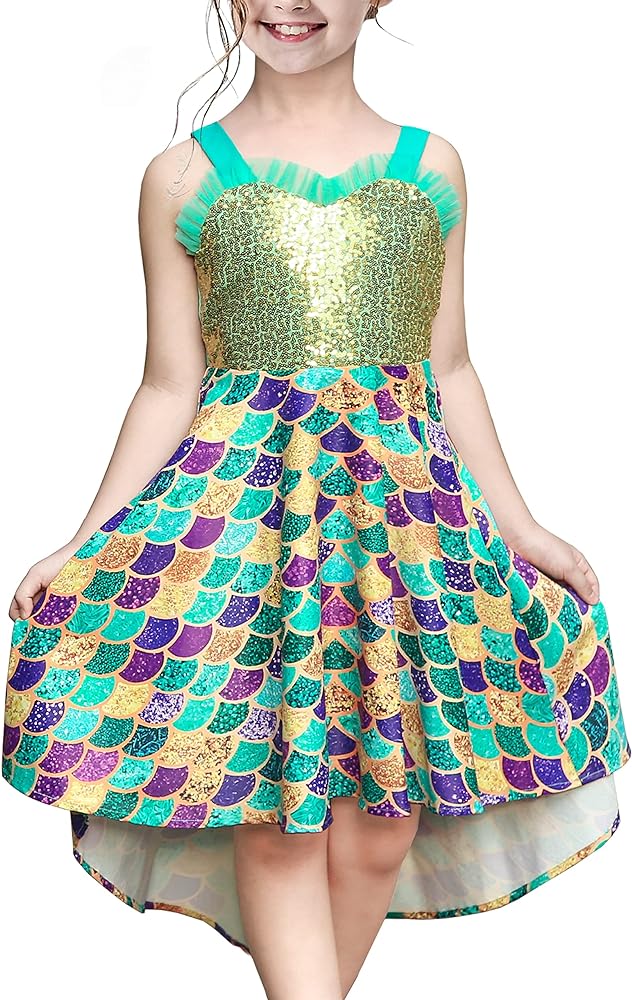 Sunny Fashion Girls Dress Mermaid Sequin Fish Scale Hi-lo Skirt Pretend Ruffle Sleeveless