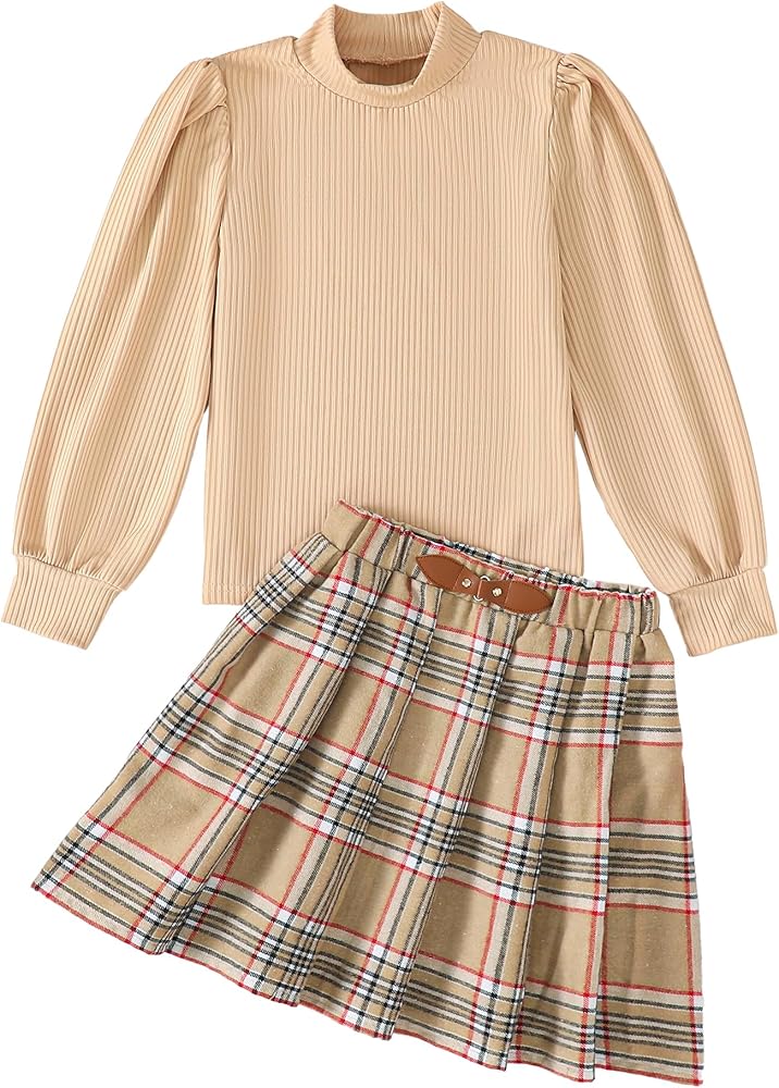 Girls Pleated Skirt Set Fall Winter 2 Piece Outfit Lattice Dresses Long Sleeve Top Cute Clothes Outfit for Kid