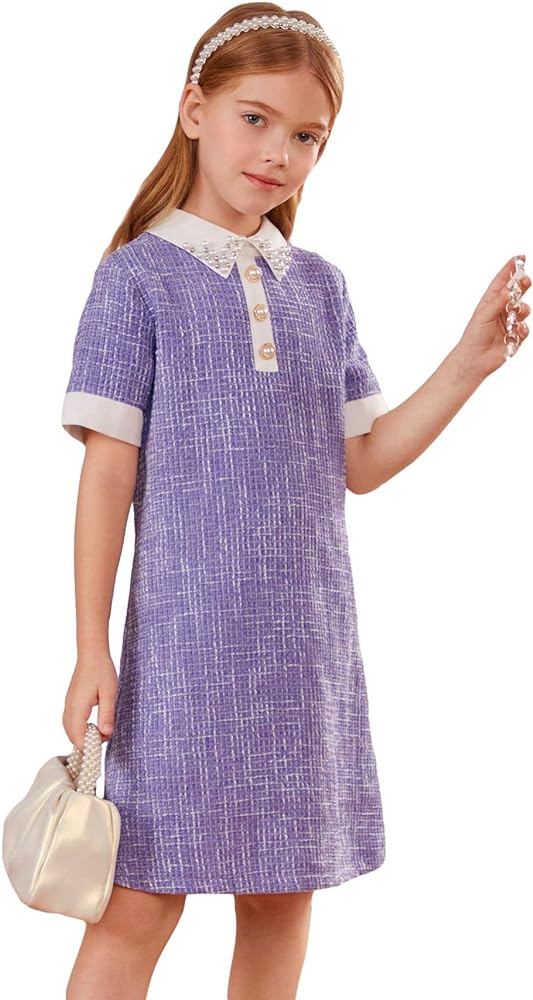 WDIRARA Girl's Pearls Trim Tweed Contrast Collar Button Front Short Sleeve Casual Dress