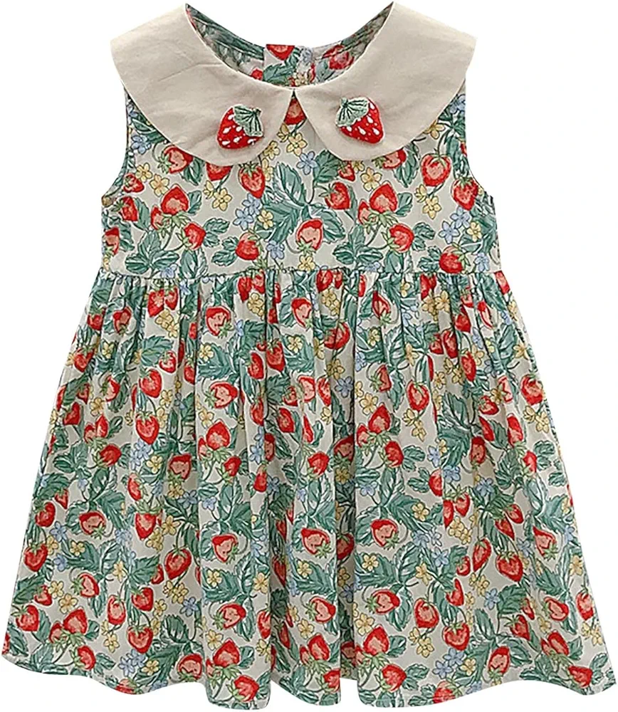 Girls Summer Dress Strawberry Pattern Lapel Sleeveless A Line Casual Everyday Going Out for 0 to 6 (Green, 3-4 Years)