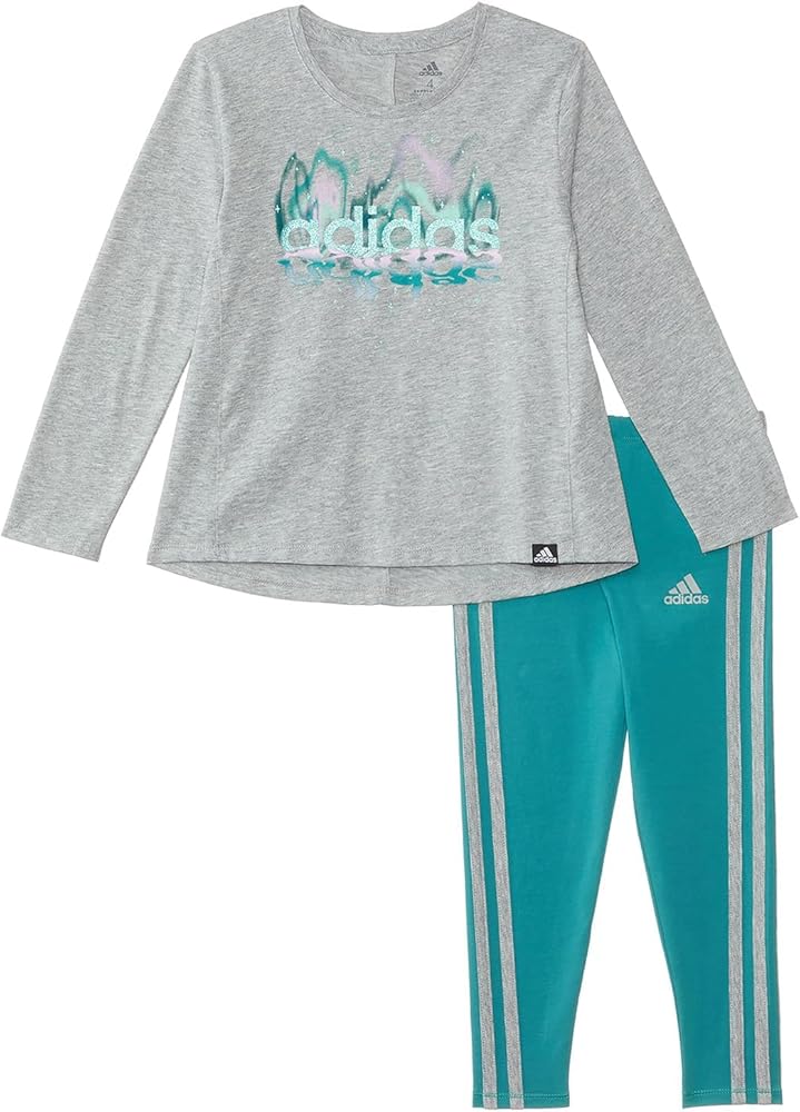 adidas Girl's Long Sleeve Swing Tee Tights Set (Toddler/Little Kid) Grey Heather 5 Little Kids