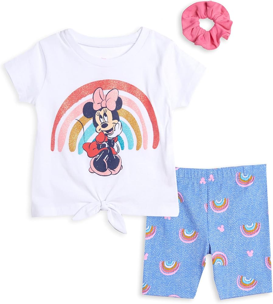 Disney Frozen Minnie Mouse Little Mermaid Elsa Princess Anna Peplum T-Shirt Shorts & Scrunchie 3 Pc Set Infant to Big Kid