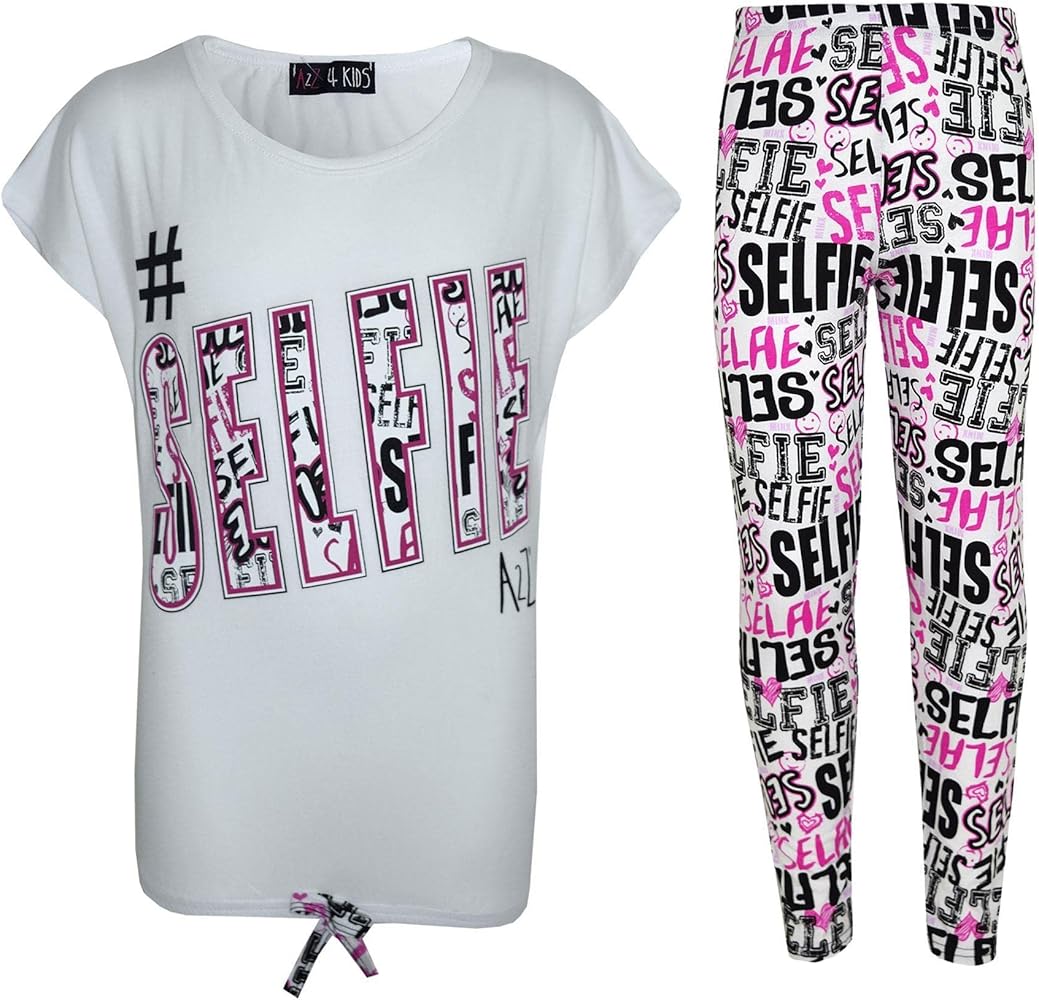 Kids Girls #Selfie T Shirt Top & Fashion Selfie Graffiti Legging Set 7-13 Years