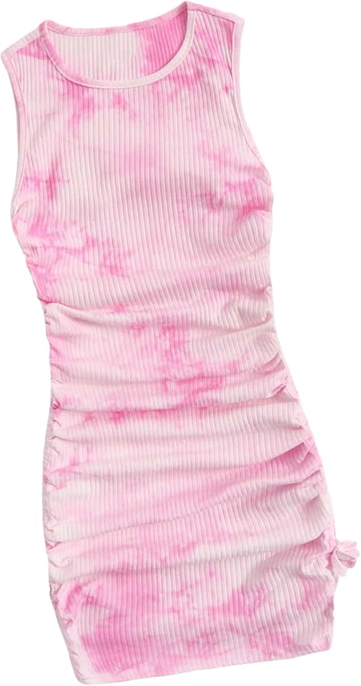 OYOANGLE Girl's Tie Dye Drawstring Side Sleeveless Round Neck Ruched Tank Dress Slim Fit Rib Knitted Pencil Dresses