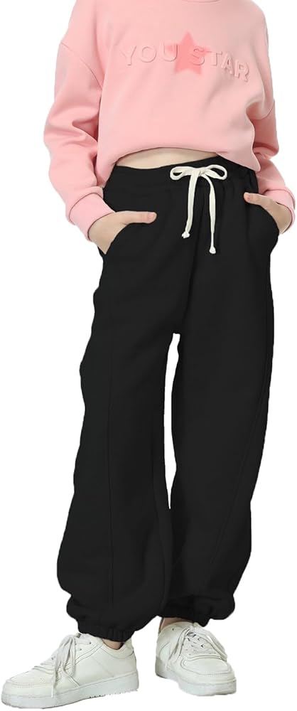 Rolanko Girls Fleece Sweatpants Baggy Jogger Pants High Waist Kids Sweats Trousers with Pockets 5-15 Years