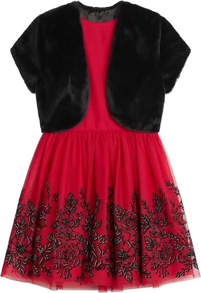 Beautees Girls' Glitter Mesh Skater Dress with Faux Fur Bolero