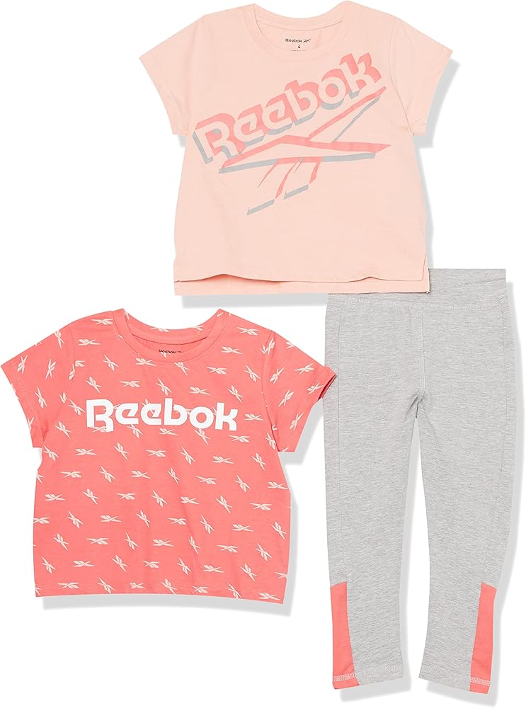 Reebok Girls' 3-Piece Activewear Clothing Set-Two Performance Tops + Leggings/Yoga Pants, Sunkist Coral, 6