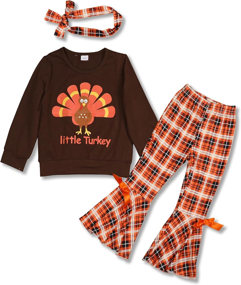 Thanksgiving Outfit Toddler Girl little turkey Print Long Sleeve top+Pants +headscarf 3pcs Sets