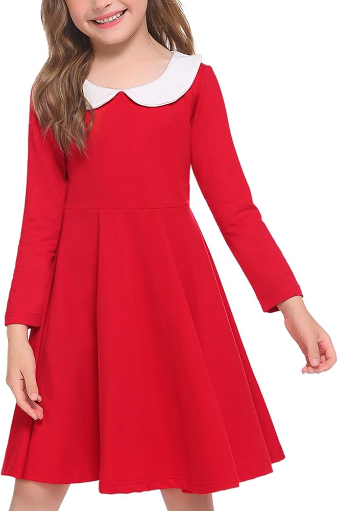 Arshiner Girls Long Sleeve Dress Casual Vintage Peter Pan Collar Swing Party Dress Age 3-14 Years