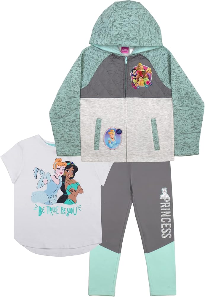 Disney Princess Minnie Mouse 3-Pc Set for Girls, Cinderella, Snow White, Jasmine, and More Zip-Up Hoodie, T-Shirt, Pants Set