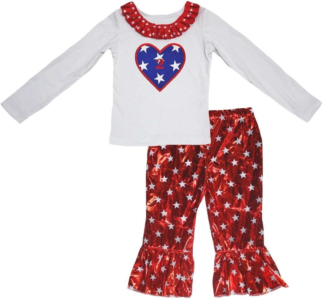 Petitebella Stars Heart 2 White Cotton L/s Shirt Red Stars Shiny Pant Set 1-8y