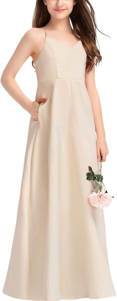 Junior Bridesmaid Dress, Flower Girl Dresses, Formal Dress for Teen Girls A-line V-Neck Floor-Length Satin