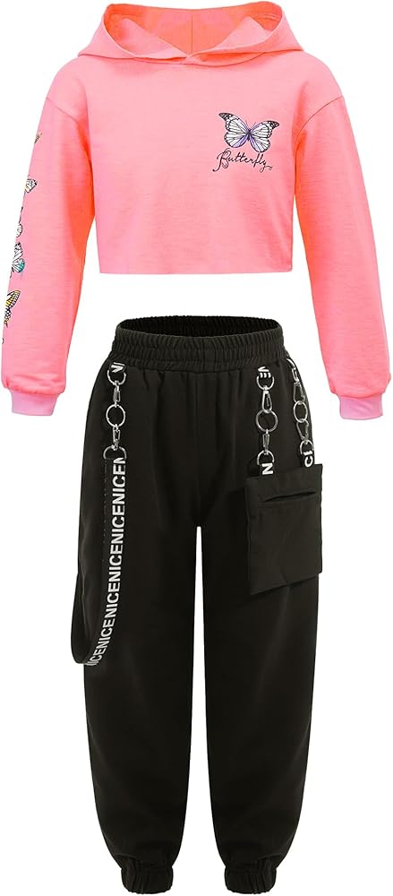 easyforever Girls Sports Outfits Butterfly Printed Cropped Hoodie Sweatshirt with Jogger Cargo Pants Set Tracksuit