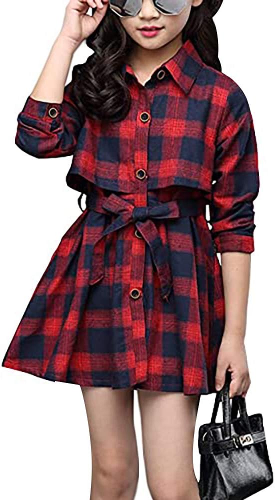 Raroauf Girls' Kids Long Sleeve Check Plaid Dresses,Little & Big Girls' Collar Neck Casual Button Down Shirt Dress