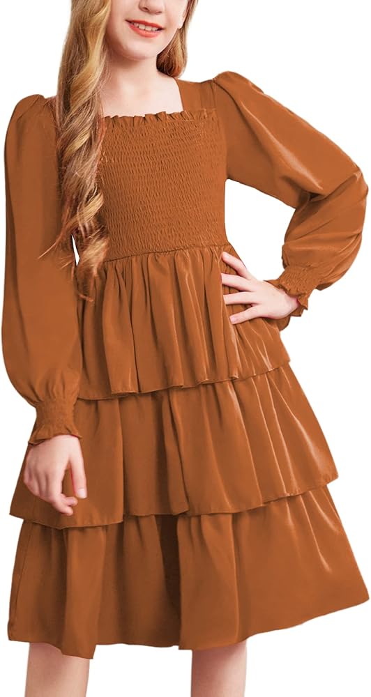 Arshiner Girls Long-Sleeve Tiered Dresses Square Neck Lantern Smocked Ruffle Layered Tie Back Dress