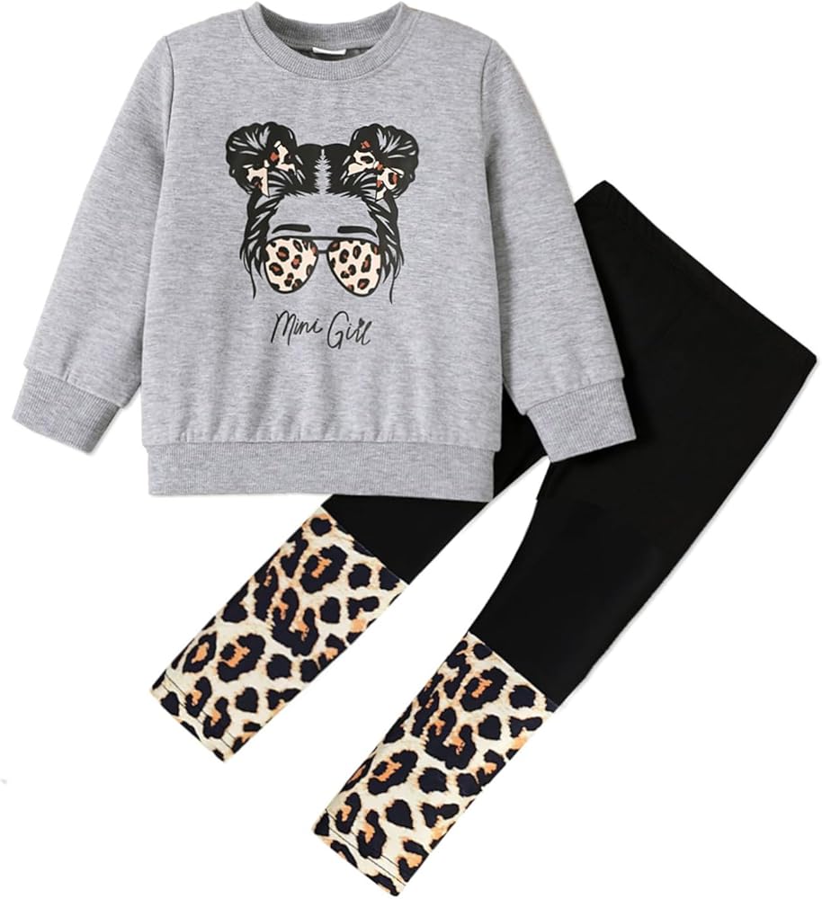 Rosebea Girls 2 Piece Outfits Letter Figure Graphic Sweatshirts Top + Black Leopard Legging Kids Clothing Set