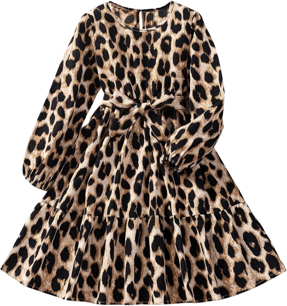 Floerns Girl's Leopard Print Long Sleeve Crew Neck Belted Ruffle Hem Tiered Dresses