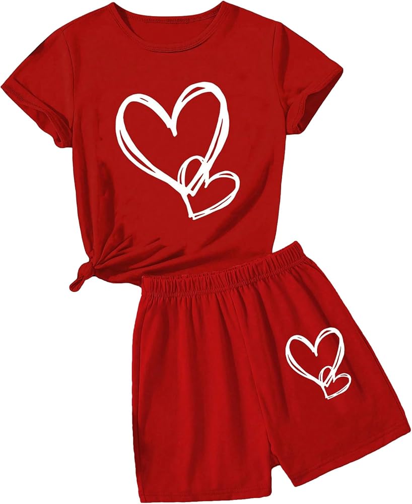 Milumia Girl's 2 Piece Outfits Heart Print Short Sleeve Crewneck T-shirt and Shorts Set