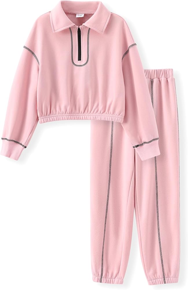 PATPAT Girl's Sweatsuit 2 Piece Outfit Half Zip Lapel Collar Sweatshirt and Sweatpants Tracksuit Pant Sets 5-14 Years