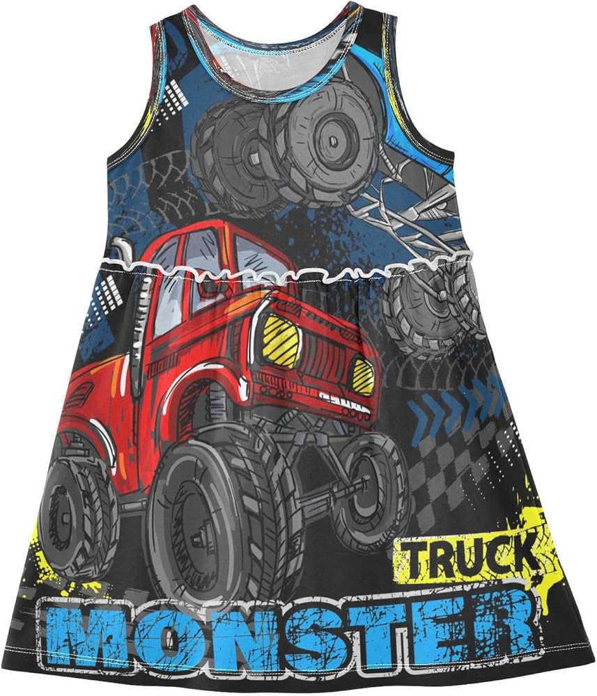 Girls Summer Dress Girls Sleeveless Dress Blue Monster Truck Girls Sundress 2-8 Years