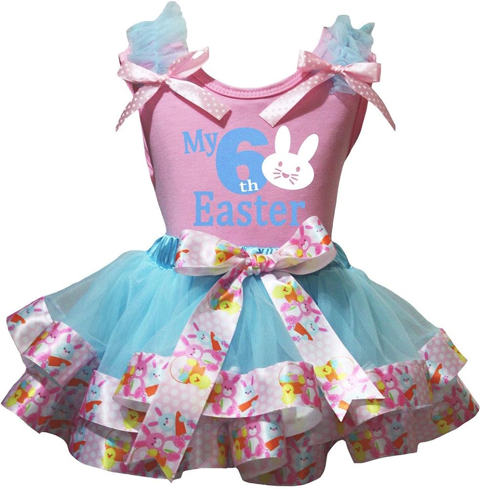 Petitebella My 6th Easter Bunny Pink Shirt Blue Rabbits Ribbon Petal Skirt Nb-8y