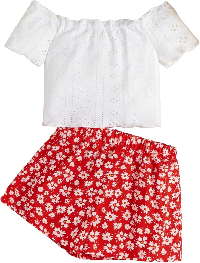 OYOANGLE Girl's 2 Pieces Outfits Eyelet Embroidered Short Sleeve Off Shoulder Tee Top and Set