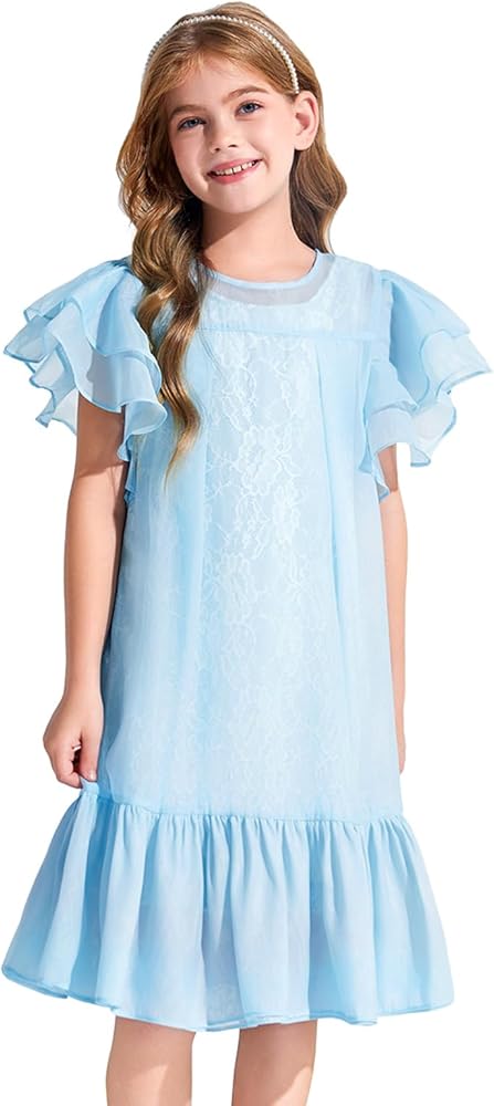 Haloumoning Girls Elegant Ruffle Sleeve Chiffon A-Line Swing Wedding Party Dress 4-14 Years