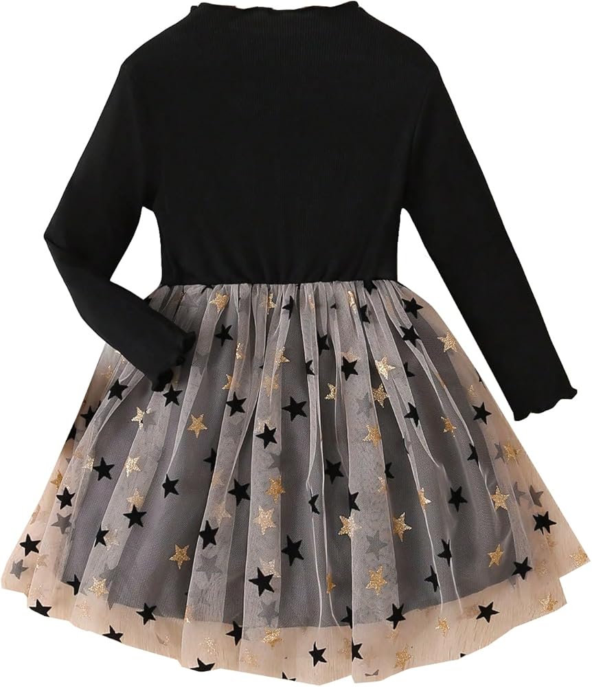 SOLY HUX Toddler Girl's Star Print Mesh Dress Mock Neck Long Sleeve A Line Knee Length Dresses