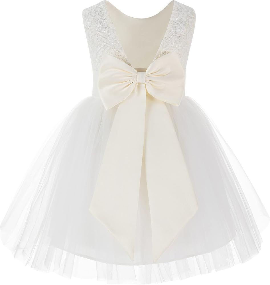 Ivory Backless Lace V-Back Flower Girl Dresses with Elegant Colored Sash 206T