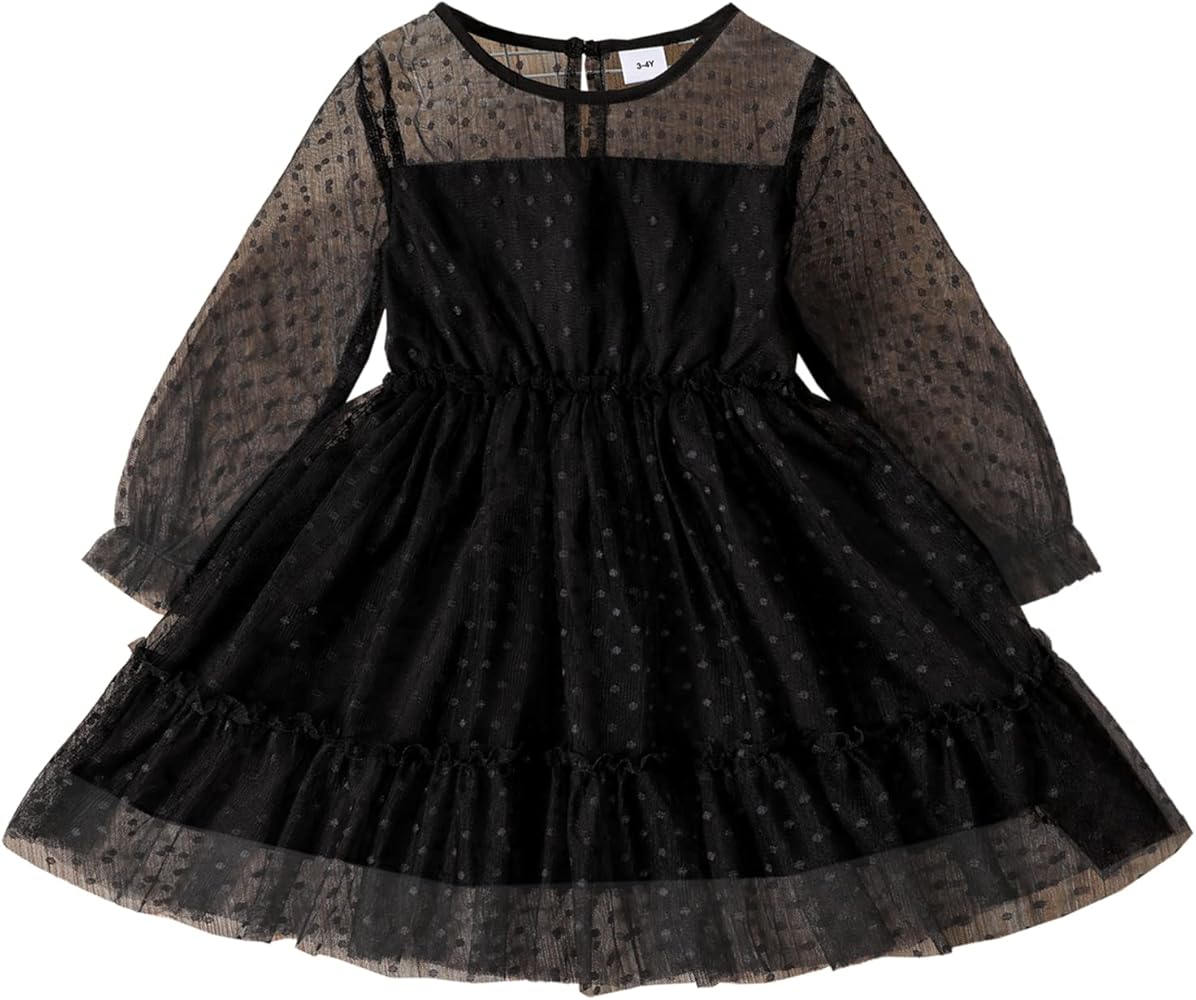 PATPAT Toddler Girls Dresses Girls Mesh Princess Party Tulle Vintage Dress Polka Dots Long Sleeve Dress