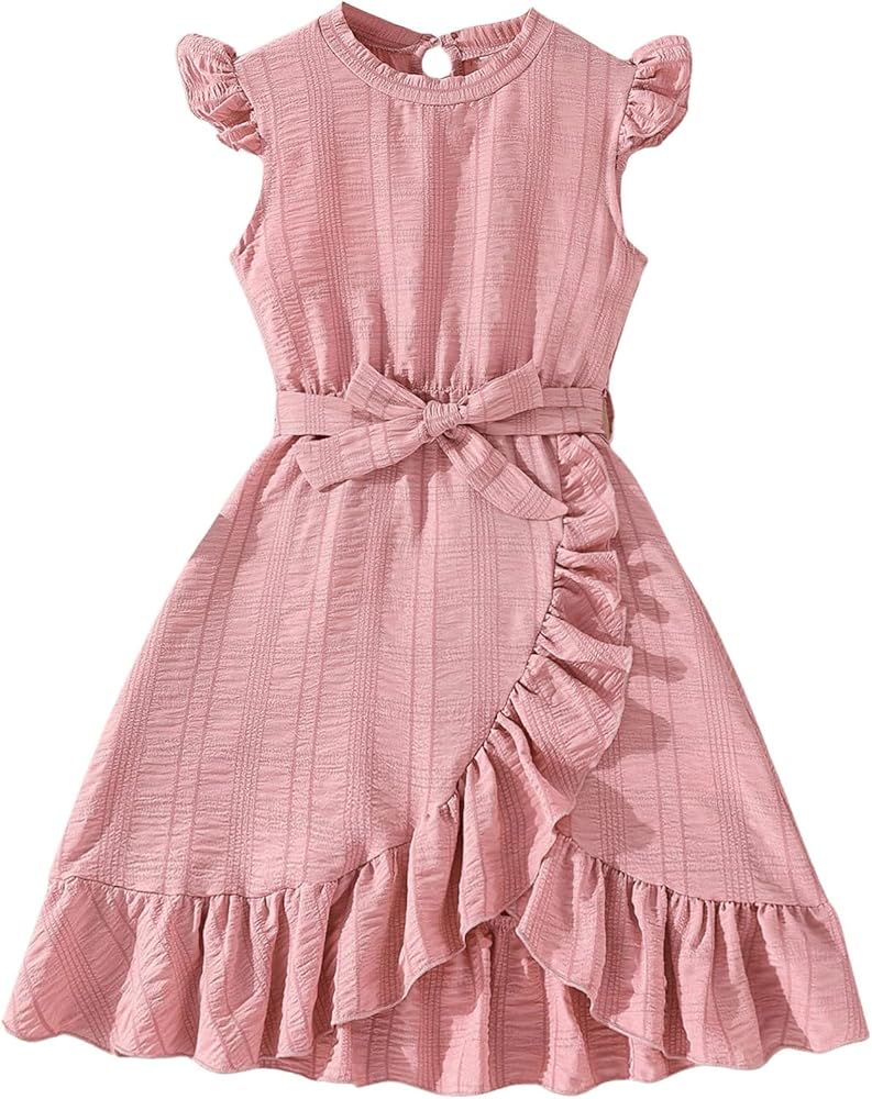 SweatyRocks Girl's Ruffle Trim Wrap Dress Cap Sleeve High Waist A Line Dresses