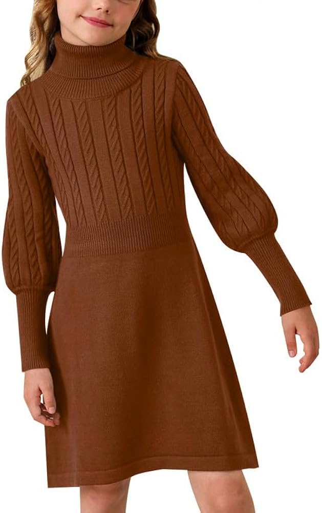 BesserBay Girls Long Sleeve Cable Knitted Sweater Dress Fall Turtleneck Pullover Midi Dress Size 5-14 Years