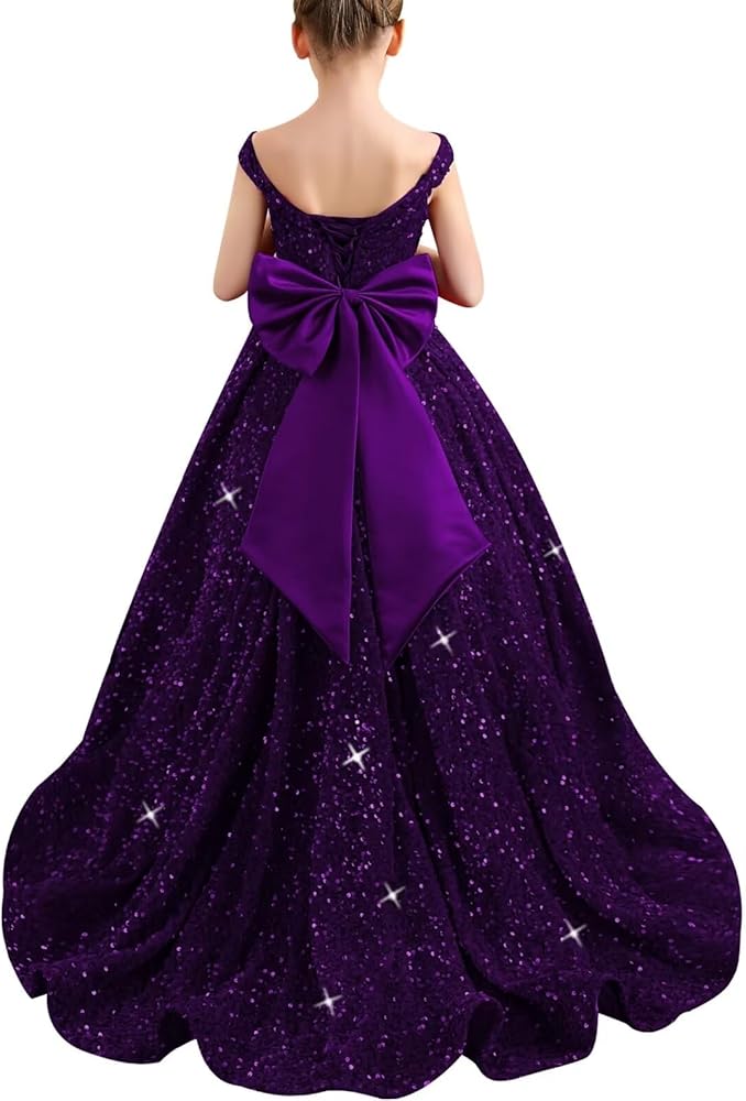 Off Shoulder Sequin Pageant Dresses for Girls Long Ball Gown with Bow Formal Prom Party Dress with Train