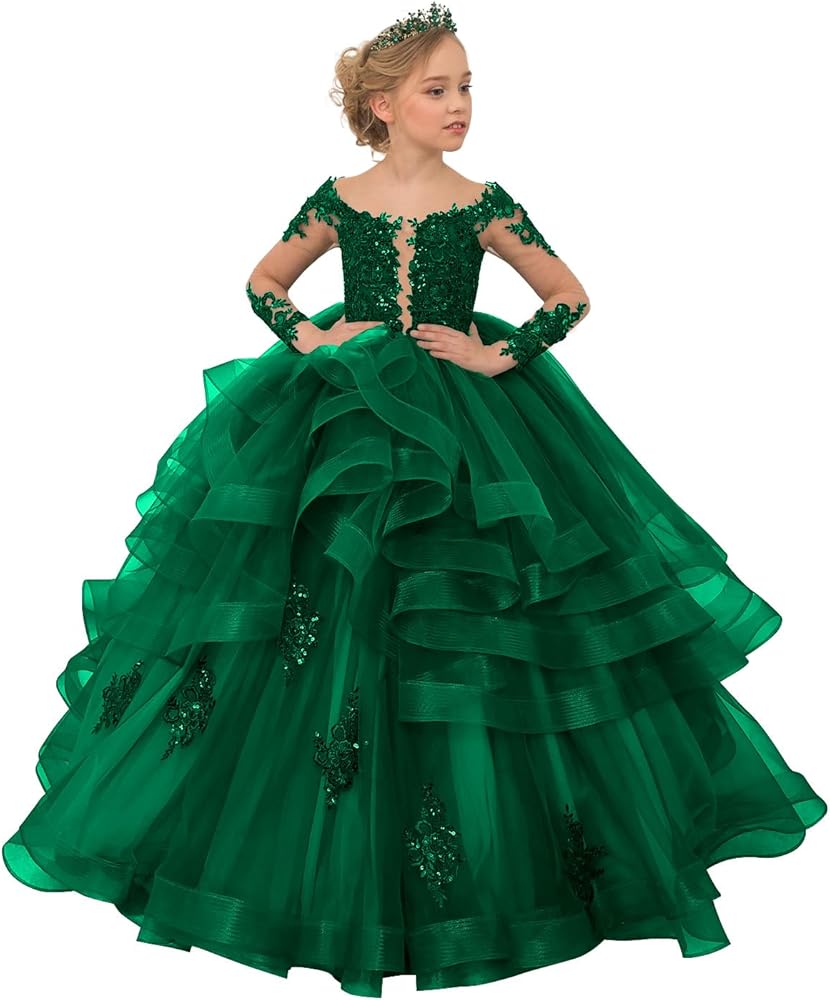 Long Sleeve Flower Girl Dresses Girls Lace Applique Princess Ruffles Pageant Dress Tulle Long Party Ball Gown