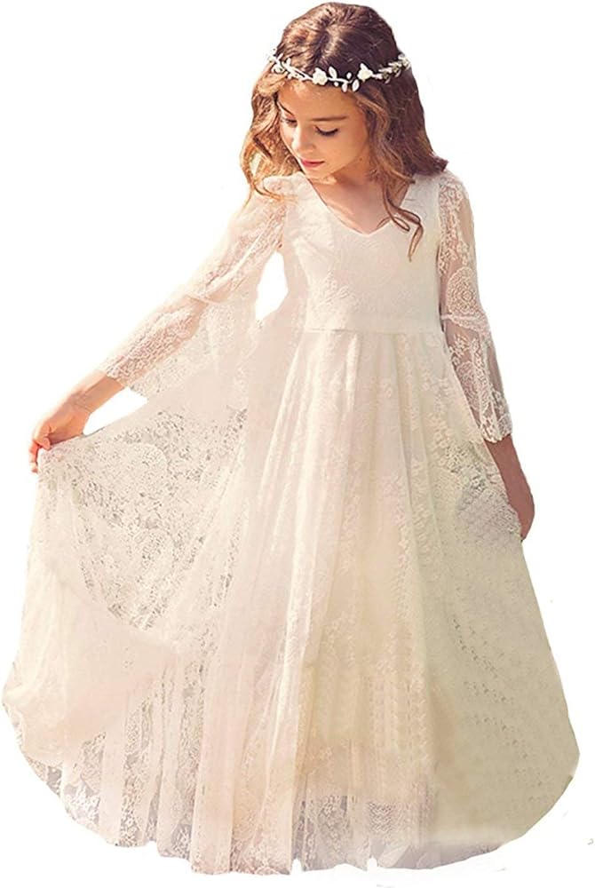 Fancy Long Sleeves Girls First Communion Dresses 1-12 Year Old White