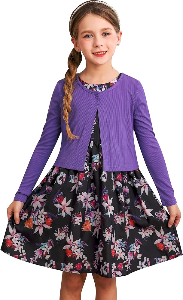 Bonny Billy Girls' Clothing Sets Flower Dress and Solid Cardigan 2 Pieces Outfits