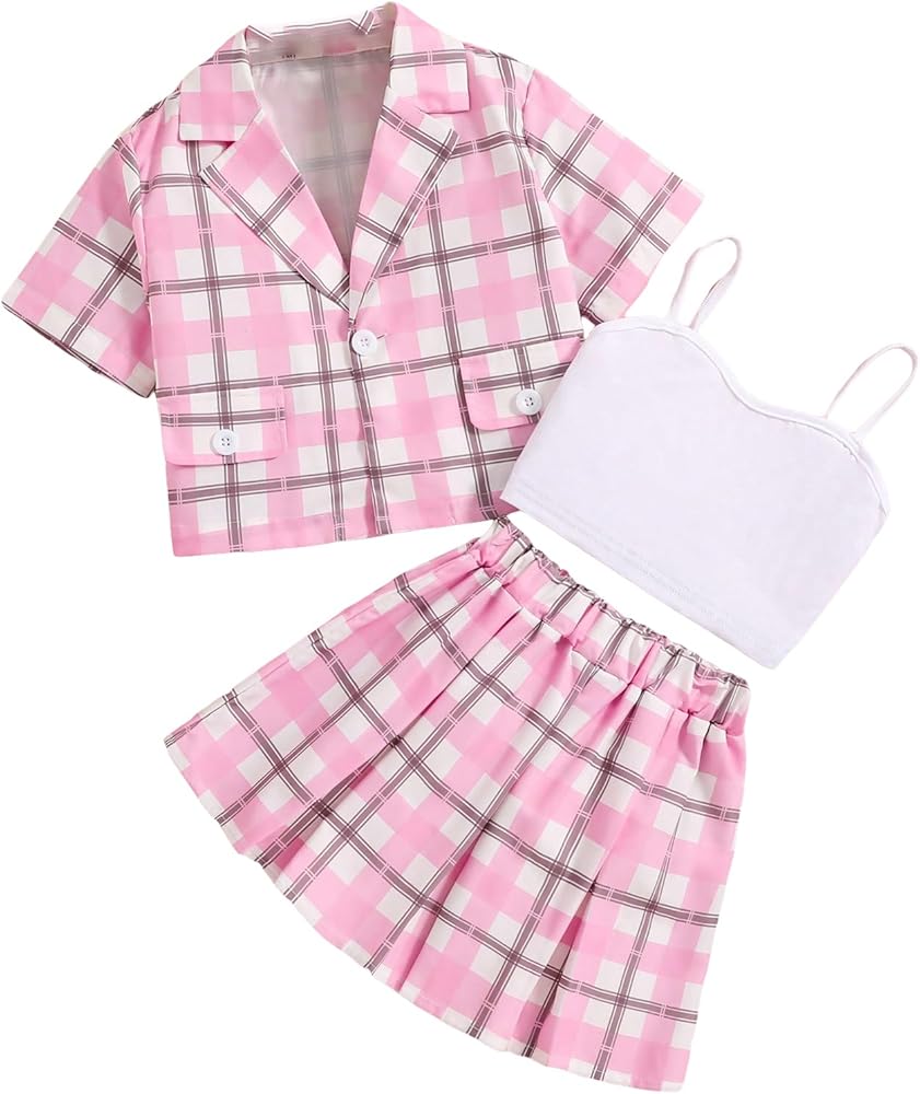 OYOANGLE Girl's 3 Piece Outfits Plaid Print Short Sleeve Blazer and Cami Top with Pleated Skirt Set