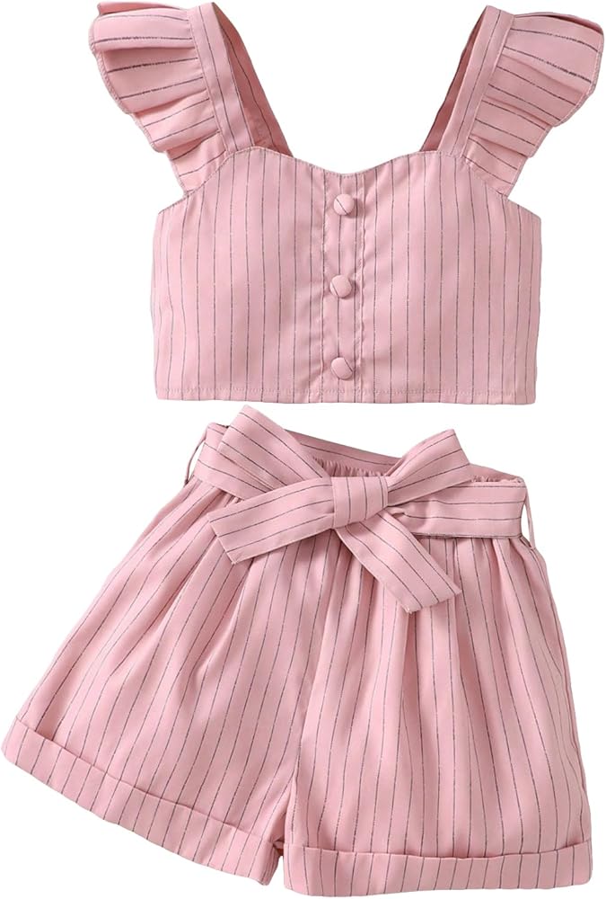 Girl's 2 Piece Striped Print Cap Sleeve Ruffle Trim Pullover Blouse Shirt Top and Rolled Hem Shorts Sets