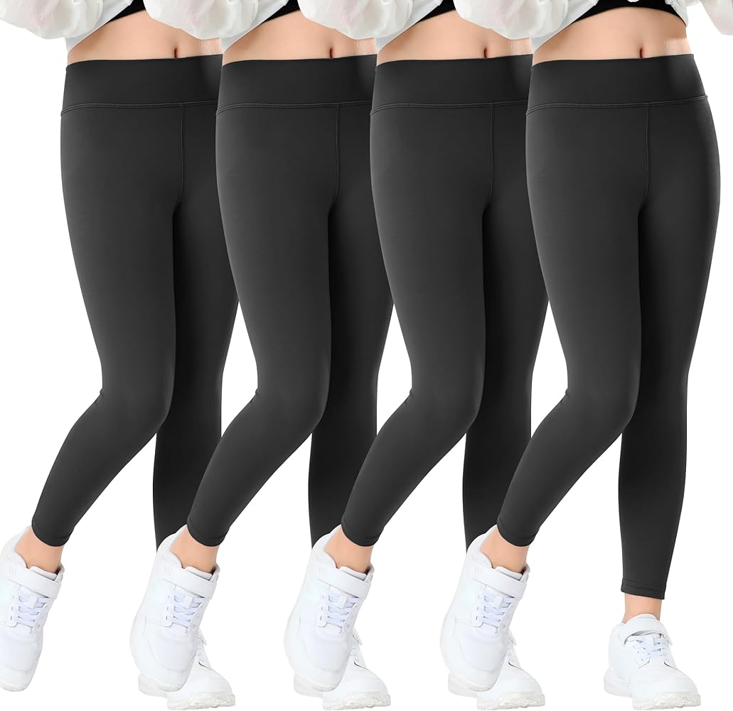 BIG ELEPHANT 4 Pack Girls Athletic Leggings Kids Dance Yoga Pants, High Waist Active Workout Running Tights for Teen Girls