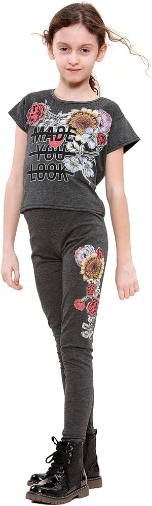 Girls Top Kids Short Sleeves Made You Look Print Charcoal Crop Top & Legging Set