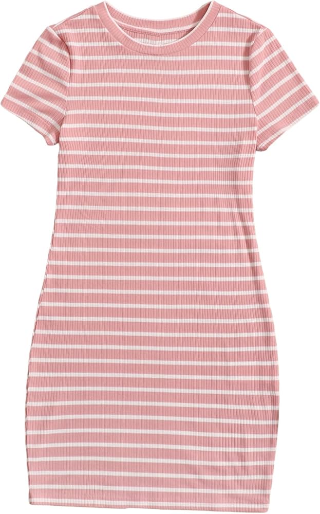 OYOANGLE Girl's Summer T-Shirt Dress Striped Print Short Sleeve Ribbed Knit Casual Dress