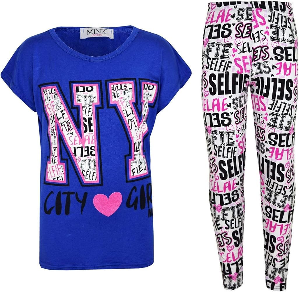 Kids Girls N Y City Girl Printed Top & Selfie Graffiti Print Legging Set 7-13 Yr