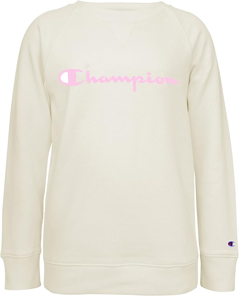 Champion Heritage Girls Classic Fleece Pullover Crewneck Sweatshirt Kids Clothes (Medium, Natural/Ice Cake Script)