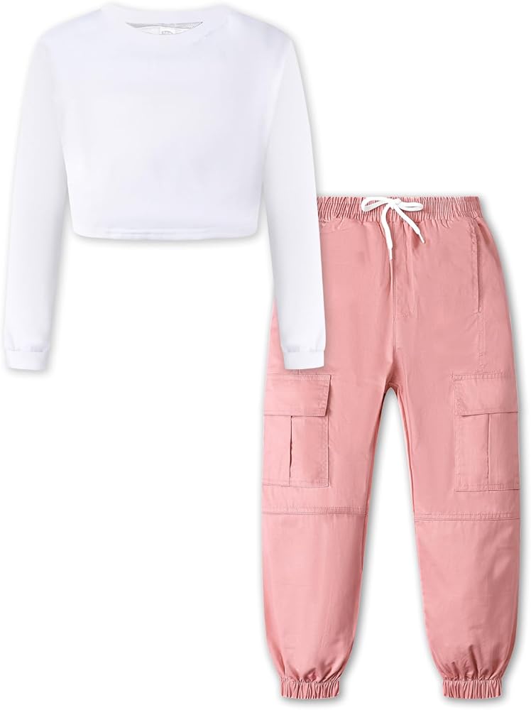 Girls Clothing Sets, Girls Long Sleeved and Cargo Jogger Pants Outfits 2pcs Clothes Set