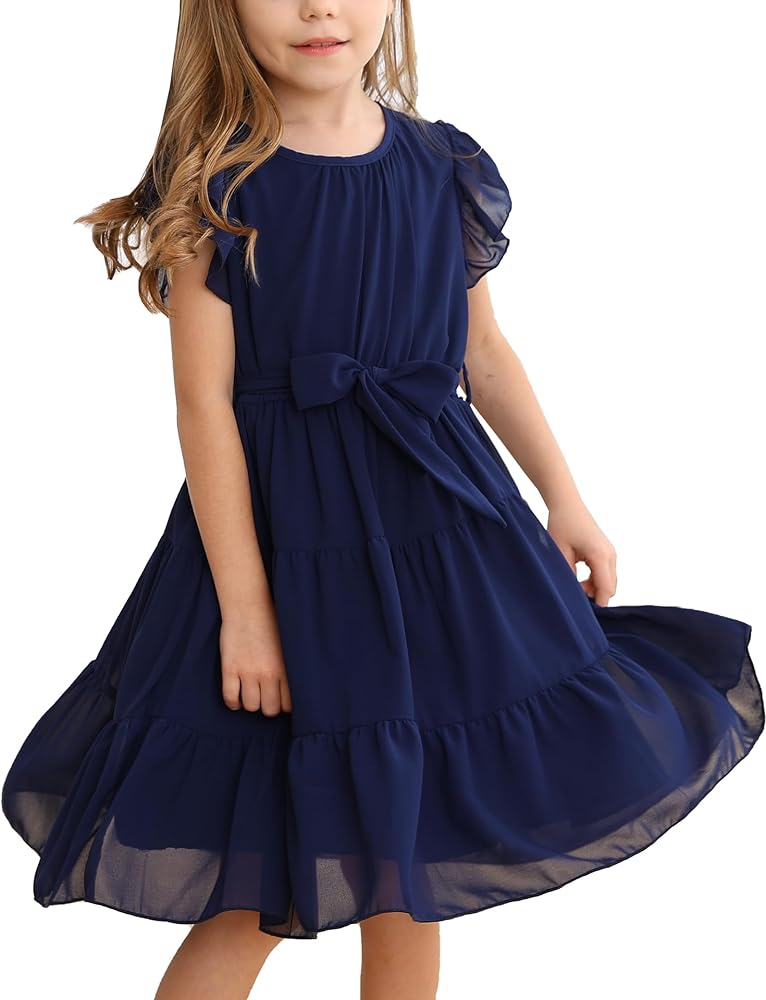 Girls Solid Color A-line Swing Flared Belted Casual Party Dress and Ruffle Trim Dress Print 4-13T