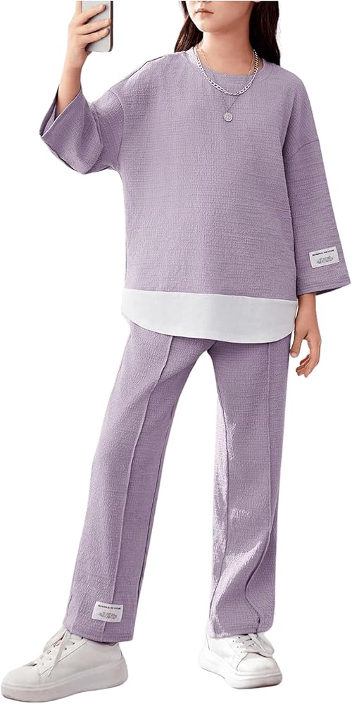 Verdusa Girl's 2 Piece Outfits Round Neck Sweatshirt and Legging Sweatsuit Sets